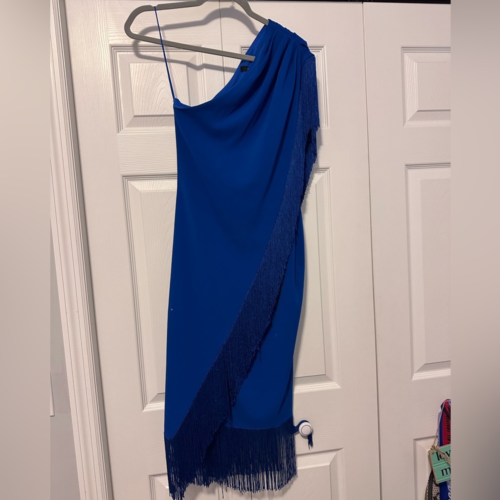 Badgley Mischka Royal Blue Asymmetrical Fringe Dress